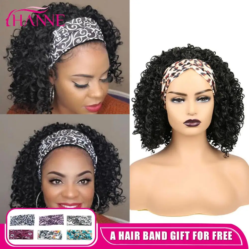 HANNE-peluca con diadema para mujeres negras o blancas, pelo negro Afro rizado, medio corto sintético, Natural, resistente al calor