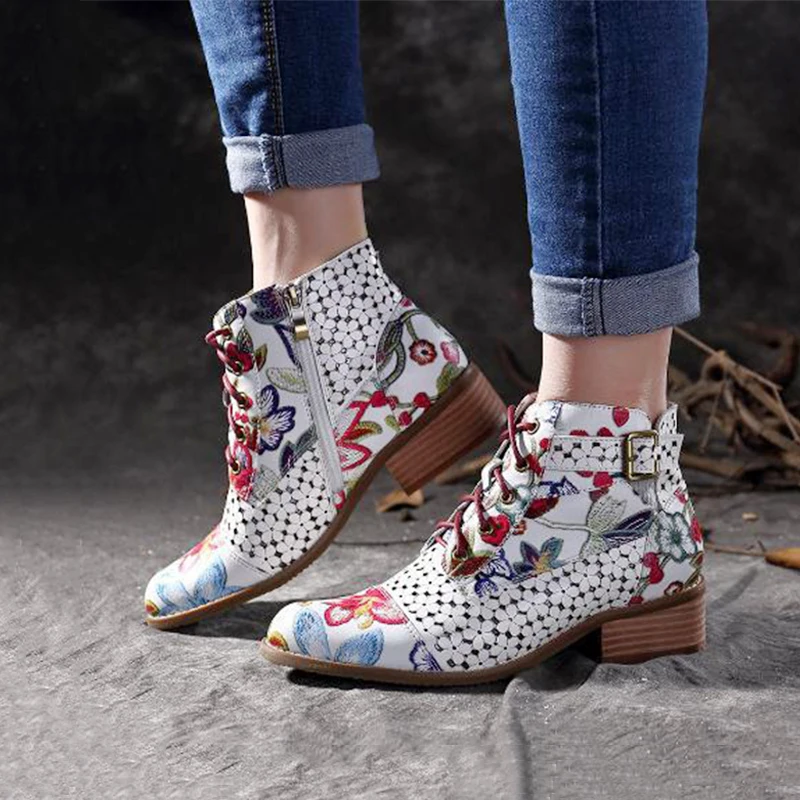 

Fashion Ankle Boots For Women Autumn Lace-Up Print Vintage Short Boots Med Heel Pointed Toe Zipper Shoes Botas Mujer SXYZ296
