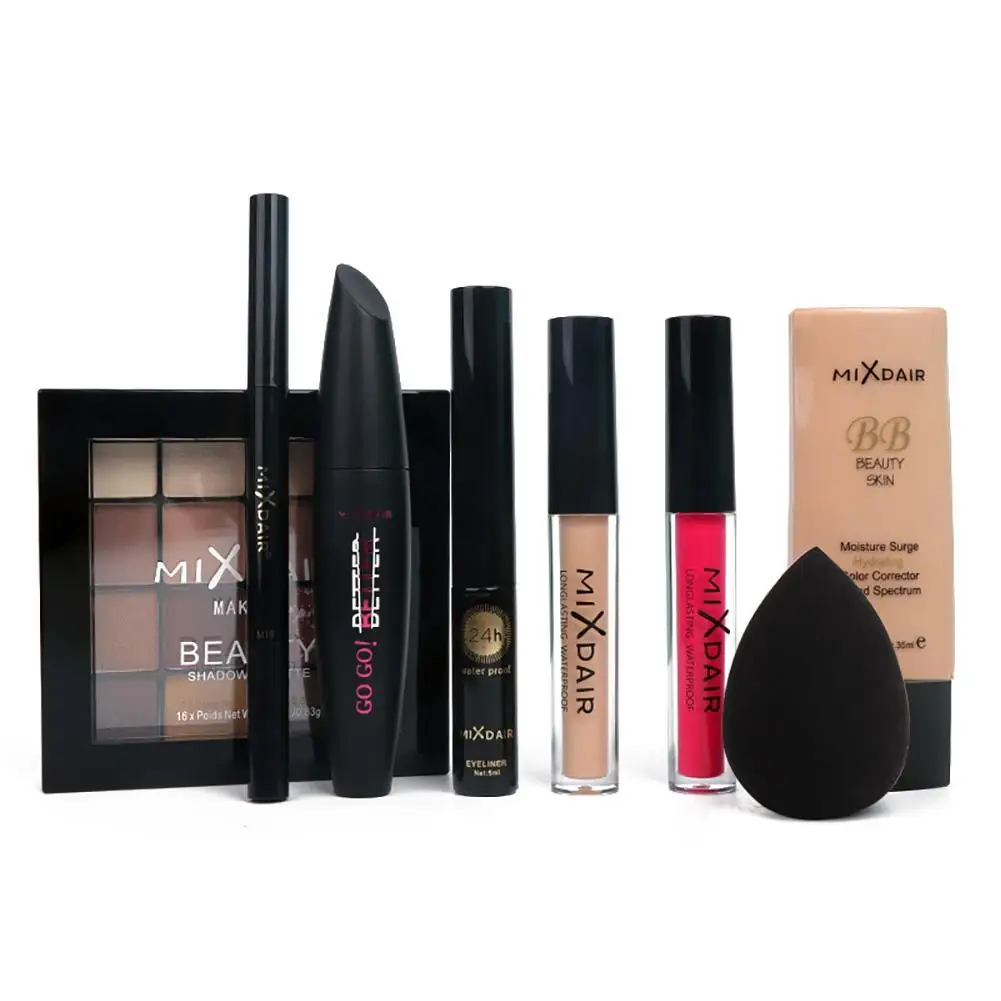 

9PCS/Set Black Gold Lip Color Gloss Eye Shadow Eyebrow Pencil Mascara Concealer BB Cream Puff Makeup