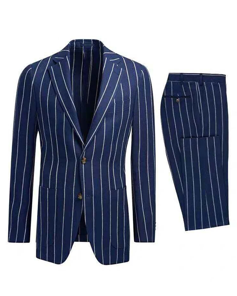 

Blue Mens Suits Pants Stripe Men's Blazer Slim Fit Wedding Male Groom Tuxedos Suits Prom(Jacket+Pants)2Pcs Costume Homme Ternos