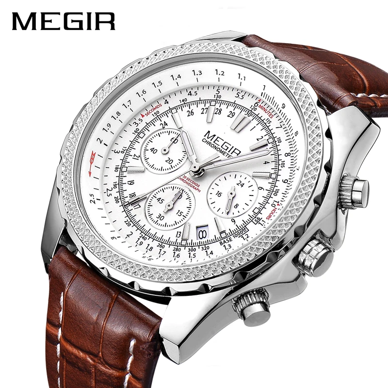 

MEGIR Watch Men Fashion Quartz Watches Leather Strap Sport Quartz Wristwatch Chronograph Clock Male Creative Design Dial