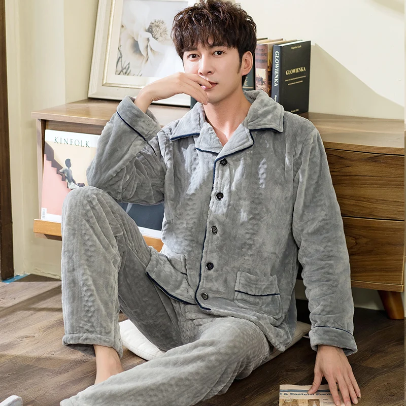 Winter Man's Coral Fleece Pajamas 2 Pieces Lounge Sleepwear for Men Pijama Bedgown 2019 Home Clothes PJ Grey Warm Thicken Pajama Winter Man's Coral Fleece Pajamas 2 Pieces Lounge Sleepwear for Men Pijama Bedgown 2019 Home Clothes PJ Grey Warm Thicken Pajama