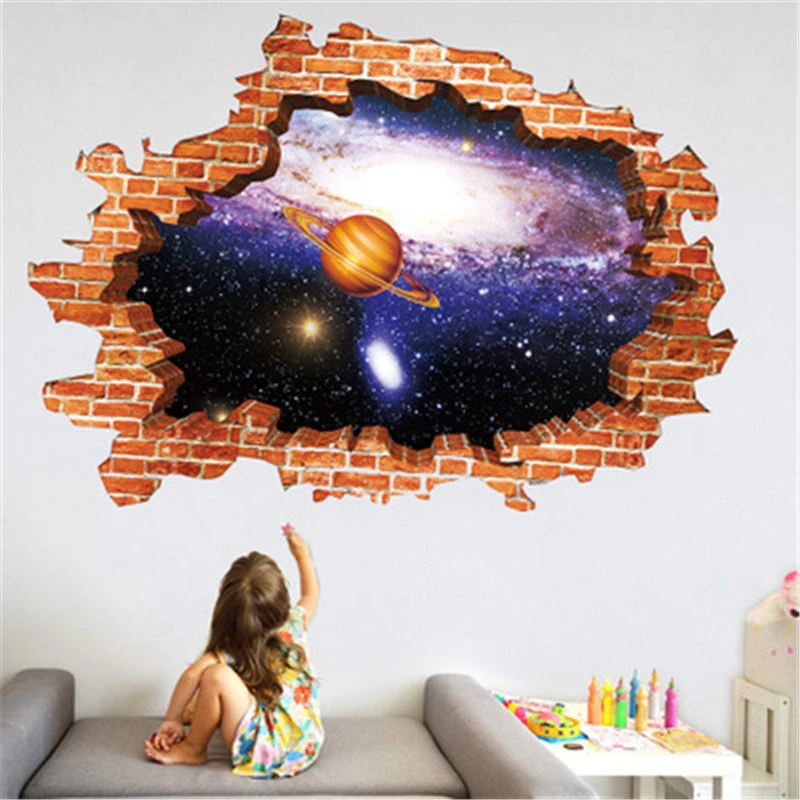 3D Broken Wall Sticker Star Planet Vinyl Decals Floor Kids Baby Room Wall Decor