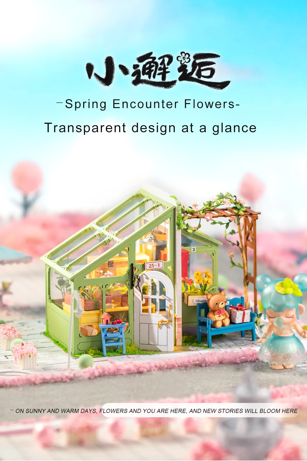 Robotime Rolife-Spring Encounter Flowers Dollhouse com Móveis,