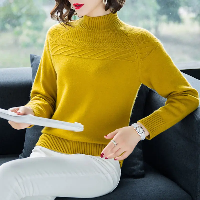 yellow no velvet Новые зимние женские свободные утепленные флисовые полуводолазки трикотажные пуловеры свитер женский плюс бархатный трикотаж джемпер Топы X55 - Цвет: yellow no velvet