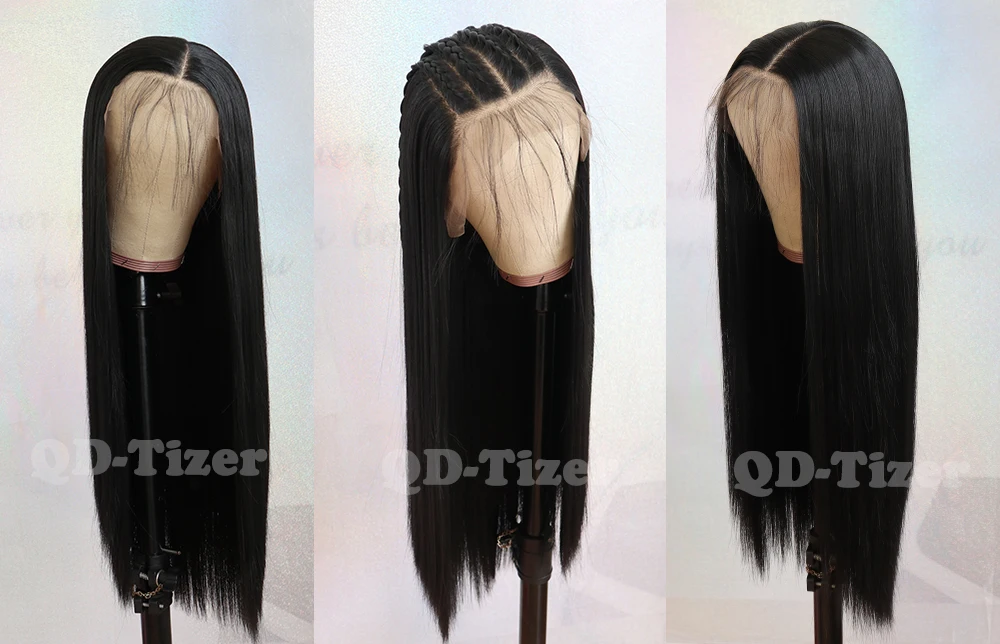 QD-Tizer 13*6 парики на кружеве длинные прямые волосы черный цвет с детскими волосами бесклеевое волокно синтетические парики на кружеве