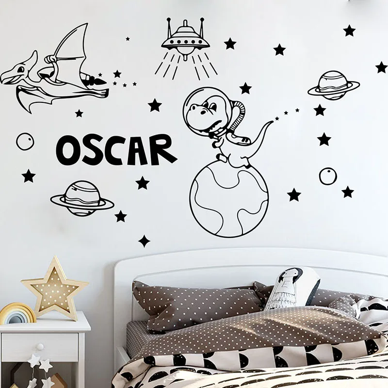 Personalized Name Dinosaur Space Astronomy Wall Sticker Kids Room  Dinosaur Spaceship Planets Meteorite Stars Moon  Wall Decal  (3)
