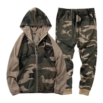

2020 spring and autumn new youth high-quality sports suit male stitching hooded camouflage casual two-piece suit European code