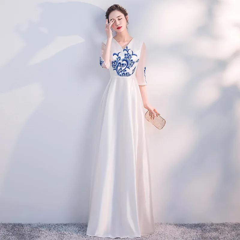 Атласные бусины лоскутное женское вечернее платье современный Qipao Платье оверсайз Robe De Soiree Новинка Вышивка цветок Cheongsam