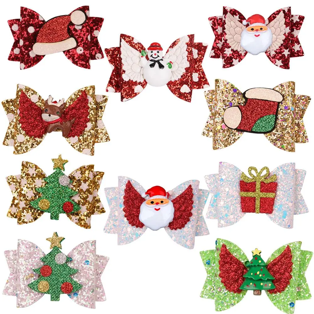

XIMA 1PC Glitter 3inch Hair Bow Christmas Hair Clip Santa Claus Hairpin Girl Headdress Duckbill Clip Party Hair Accessories