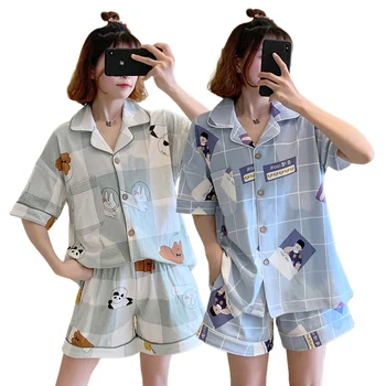 

2020 Summer Short Sleeve 100% Cotton Print Shorts Pajama Sets For Women Sleepwear Suit Pyjama Homewear Pijama Mujer Home Clothes