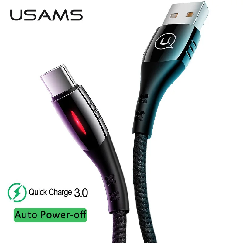 

USAMS Type C Auto Power off USB Cable Quick Charge QC3.0 LED Light for USB C Wire Smart Charger USB-C Cord for Samsung S9 Huawei