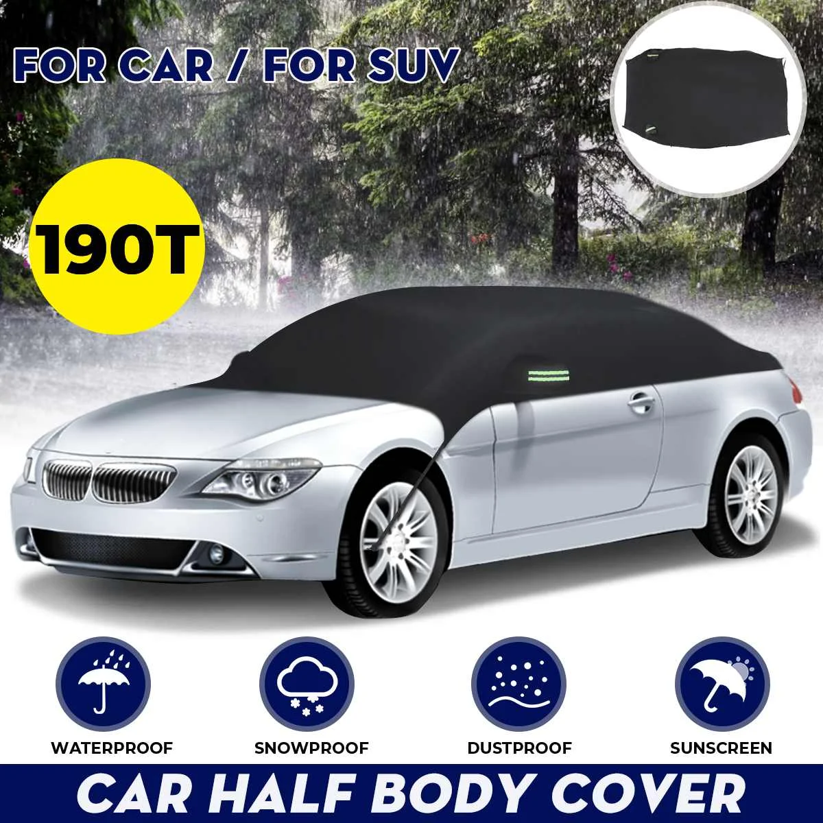 Cheap For Sedan SUV Half Body Car Cover 190T Waterproof Anti UV Sunshade  Protector Case Auto Dustproof Cover Black For BMW/Peugeot/VW