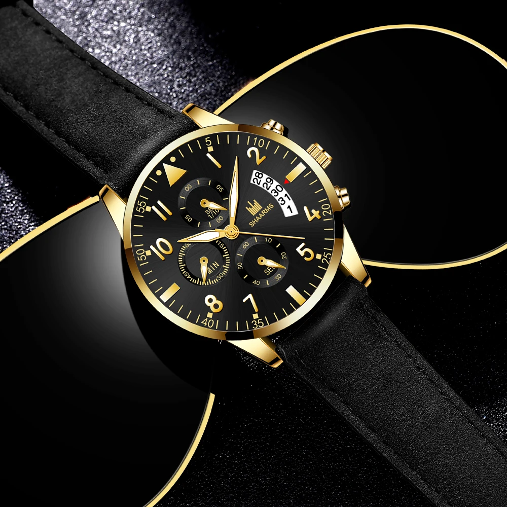 SHAARMS мужские черные часы Роскошный кожаный ремешок нержавеющая сталь кварцевые наручные часы мужские военные спортивные часы Relogio Masculino