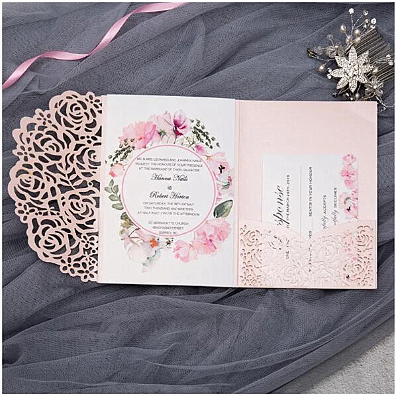  50pcs Lace Rose Flower Print Pocket Invitations Cards Wedding Customizes Christmas Birthday Greetin - 4.00002E+12