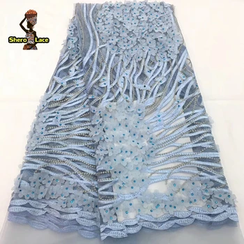 

Newest African Lace Fabric Net 3D French Tulle Lace Light Blue Nigerian Fabrics With Stones For Party Dress