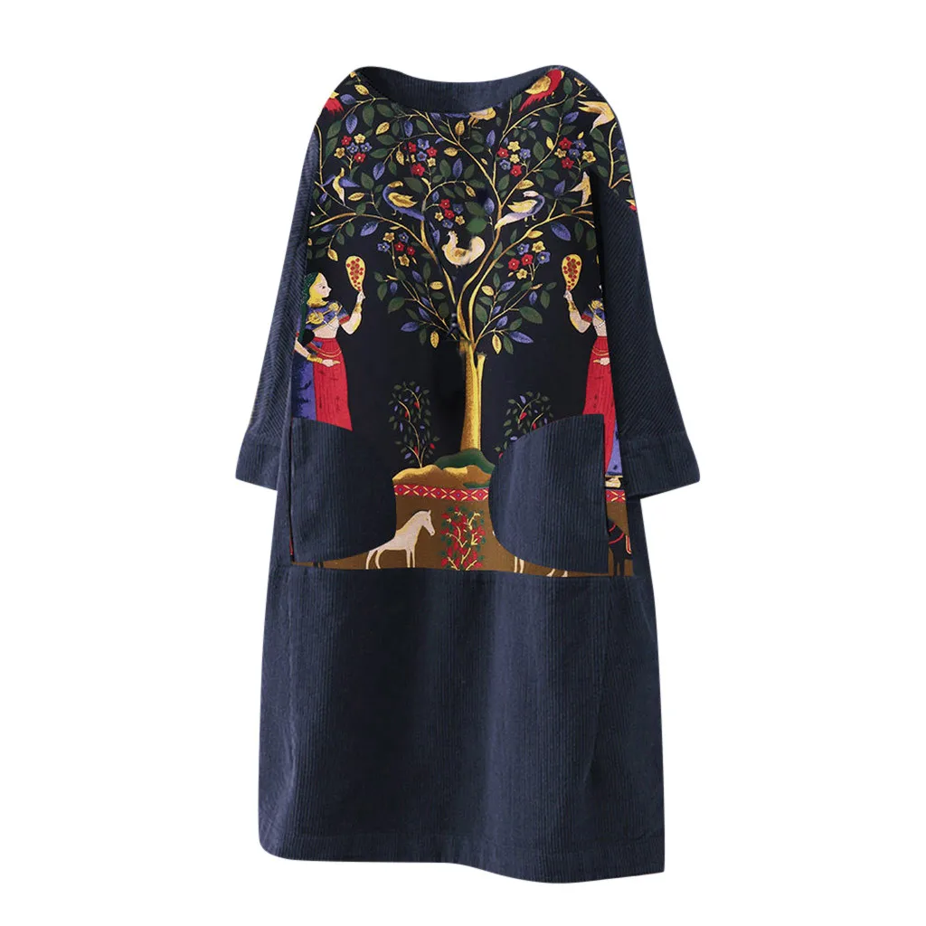 Feitong, женское винтажное вельветовое платье с этническим принтом, Vestidos, пэчворк, длинный рукав, карманы, свободное мини платье, платье женское