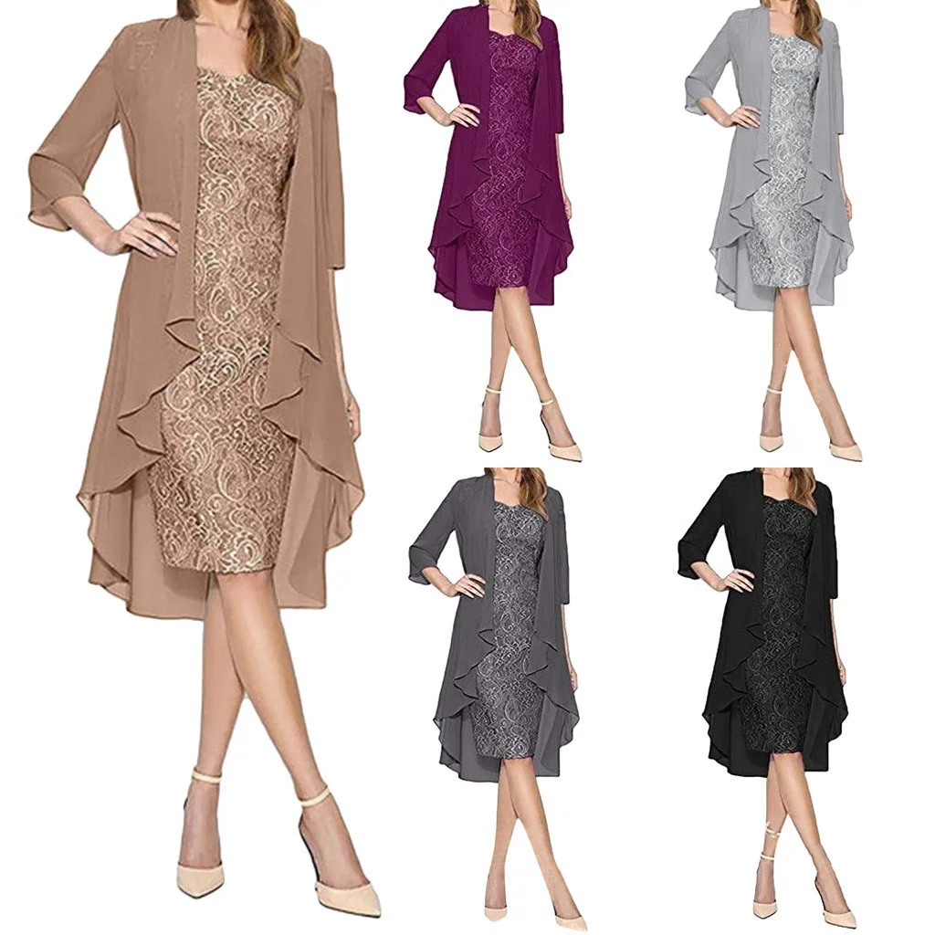 Online Vestido elegante para mujer 2 uds. De manga larga de dos piezas de encaje para mujer vestido negro femenino de fiesta de noche Vestidos vestido de primavera ropa mujer