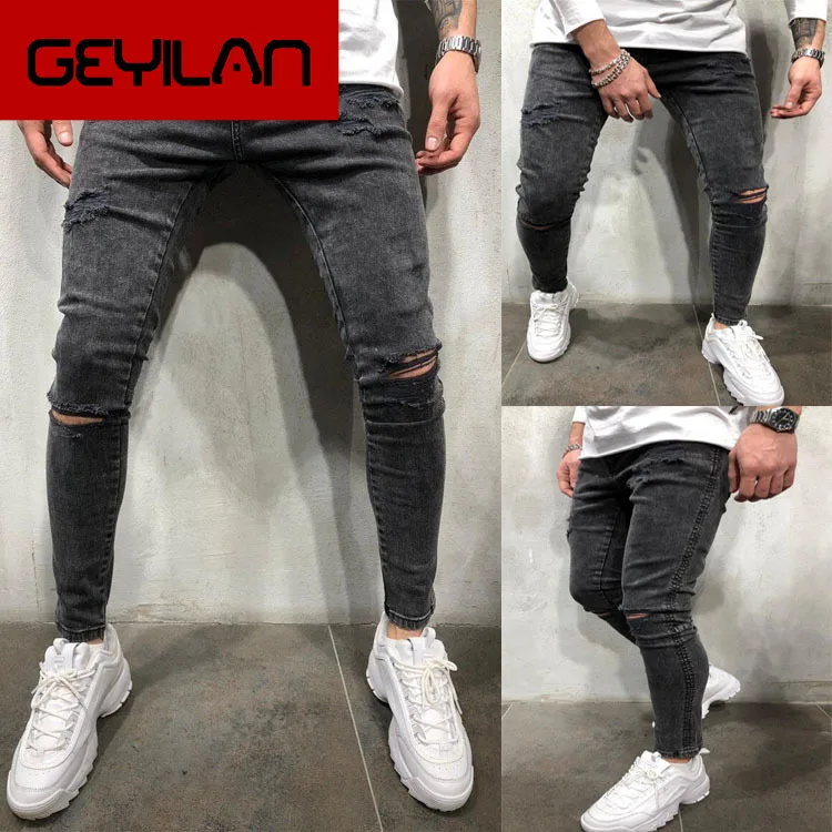 

2020 New Men Skinny Jeans Ripped Hole Biker Denim Pencil Pants black blue Destroyed Frayed Fit Jean Slim Fit Streetwear trousers