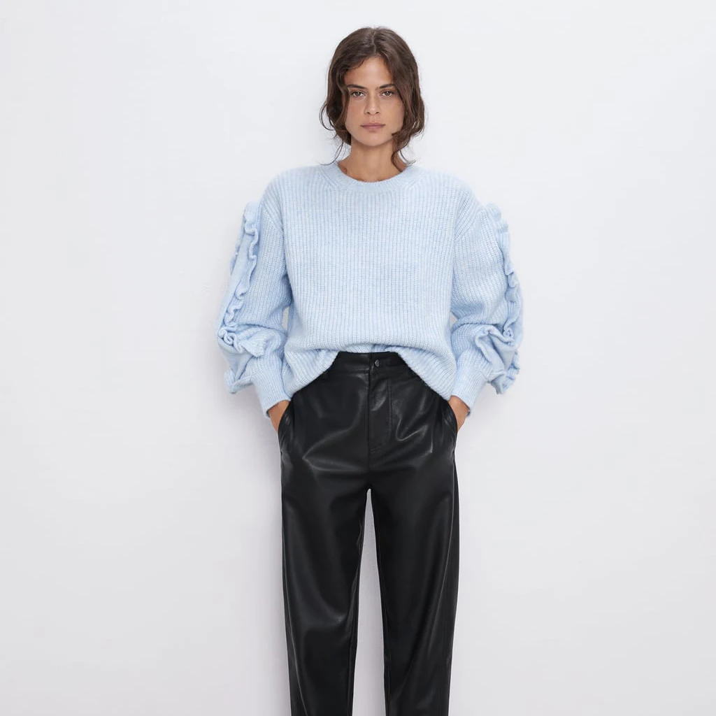  2019 ZA Autumn Solid Knitted Pullovers Women Trendy Casual Blue Ruffles Loose Wram Female Sweater L