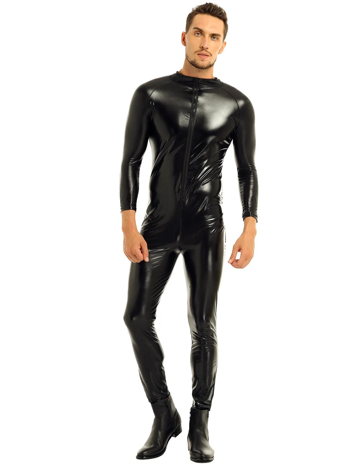 Мужское нижнее белье, костюм-комбинезон, Wetlook, передняя молния, полный комбинезон, Клубная одежда, сексуальный костюм для танцев, рейв-одежда - Цвет: Black