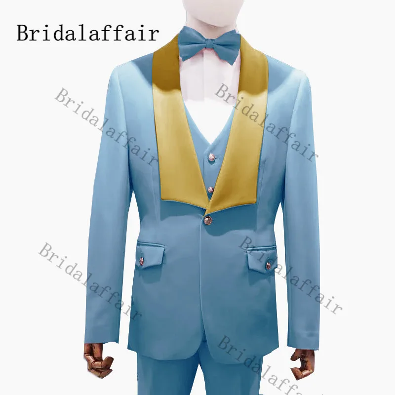 

Bridalaffair Men's Light Blue Suit with Flap Pocket 3 Piece Blazer Vest Pants Costume Homme Casual Party Wedding Tuxedo Slim Fit