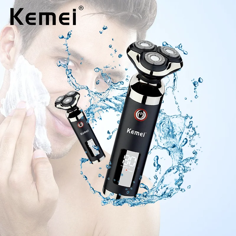 Kemei USB Rechargeable Shaver Beard Razor Washable Triple Blade 3D Floating Electric Shaving Razors LCD Men Face Beard Trimmer