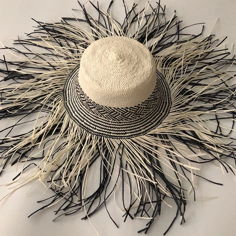 

Casual New Handmade Women Straw Sun Hat Large Wide Brim Girl High Quality Natural Raffia Panama Beach Straw Sun Caps For Holiday