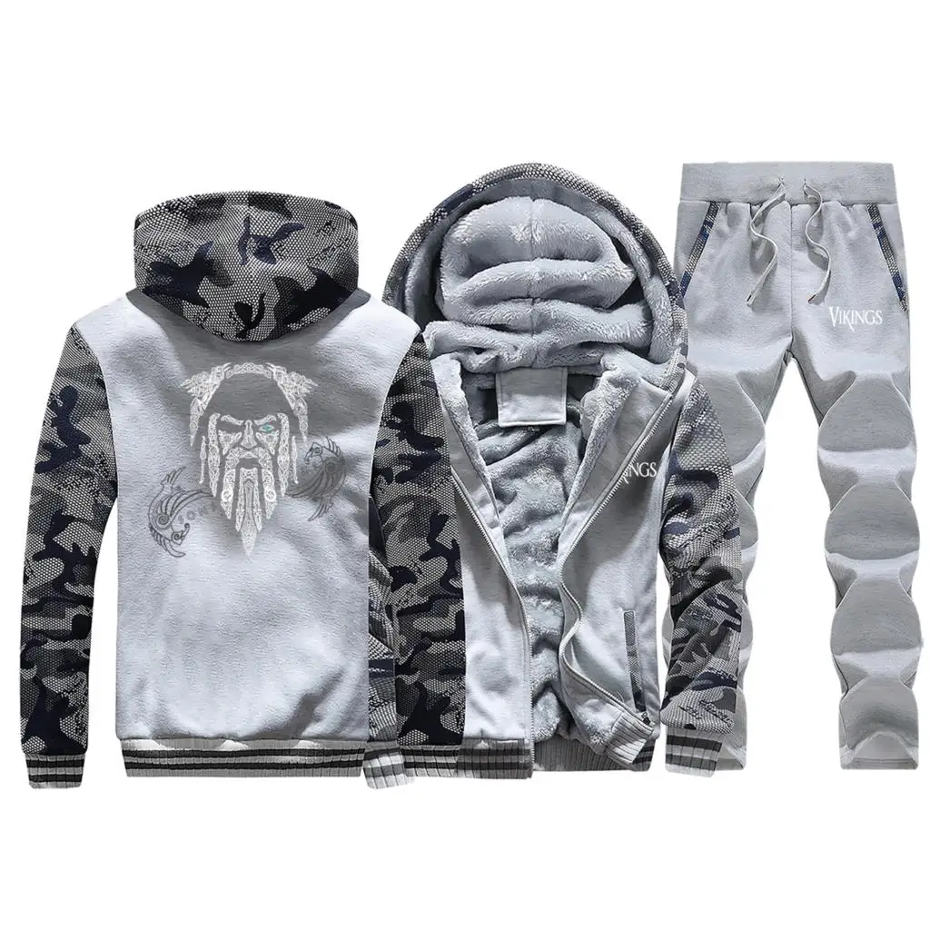 Light Gray Odin Толстовка Vikings для мужчин, модный спортивный костюм, мужская толстовка с капюшоном+ штаны, комплект из 2 предметов, Толстая куртка на молнии, мужской зимний теплый костюм - Цвет: Light Gray