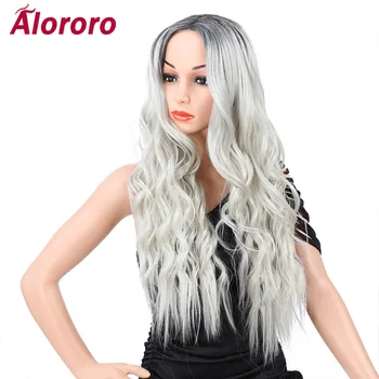 

Alororo Long Synthetic Wigs for Black Women Black Silver Ombre Wig Heat Resistant Water Wave Cosplay Wig Cap Use for Daily Party