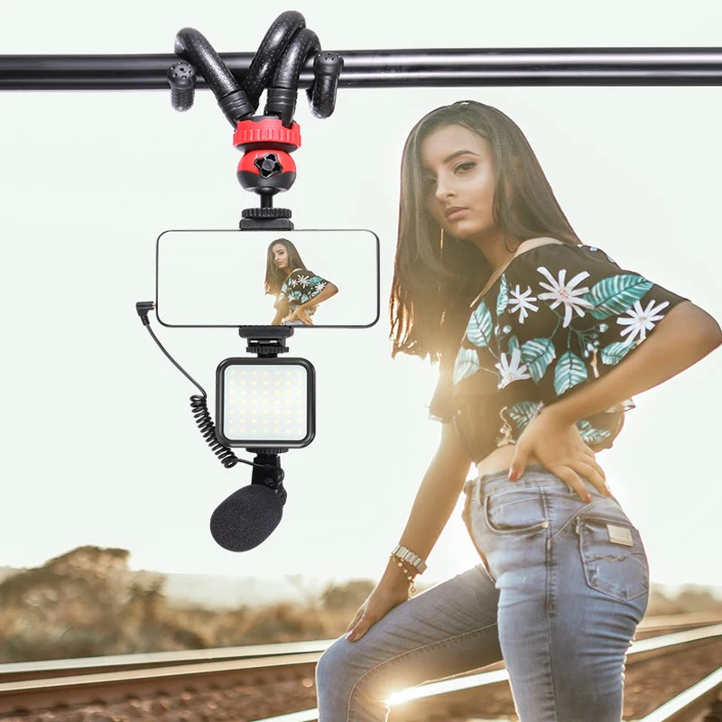 

Condenser Microphone Professional With Flexible Tripod LED For Photo Studio Camera Phone For Interview Live Recording YouTube