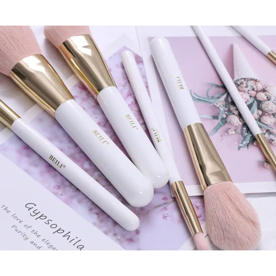 Beili New High End White Professional Makeup Brushes Set Pink Hair