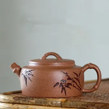 

Yixing Raw Ore Multicolored Clay Purple Sand Teapot Famous Hand-lettering Bamboo Rhyme Teakettle Home Gift Tea Set