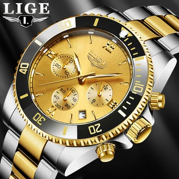 

LIGE Men Watch Business Waterproof Date Watches Fashion Multifunction Stainless Steel Golden Quartz Watch Relogio Masculino+Box