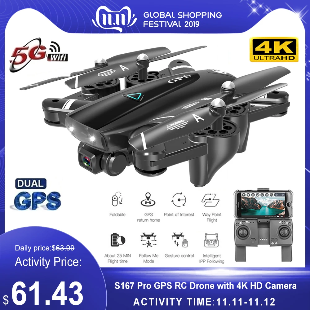 

S167 Pro GPS RC Drone with 4K HD Camera 5G WIFI FPV Drone Way-point Flying Gesture Photo Brushless Foldable Quadcopter Mini Dron