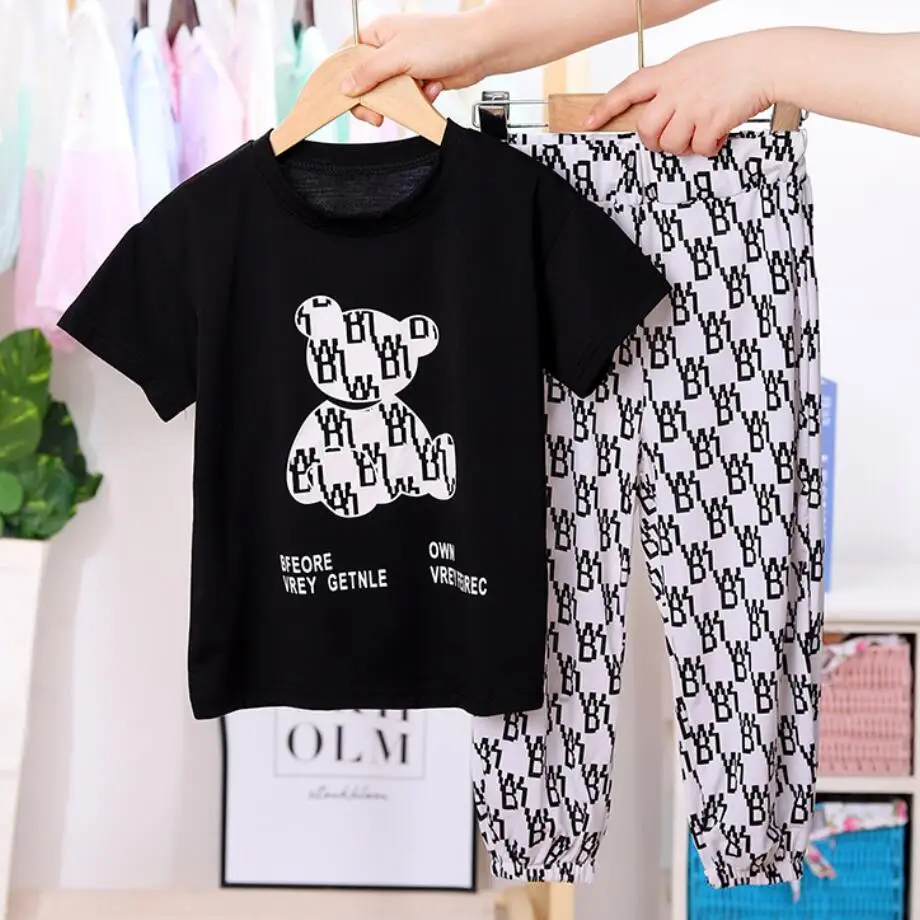 Kids Clothing Set Girls Boys Short Sleeves Love Bear Letter T-Shirt + Pants Baby Two-Piece Summer Fashion Korean Version Sportswear