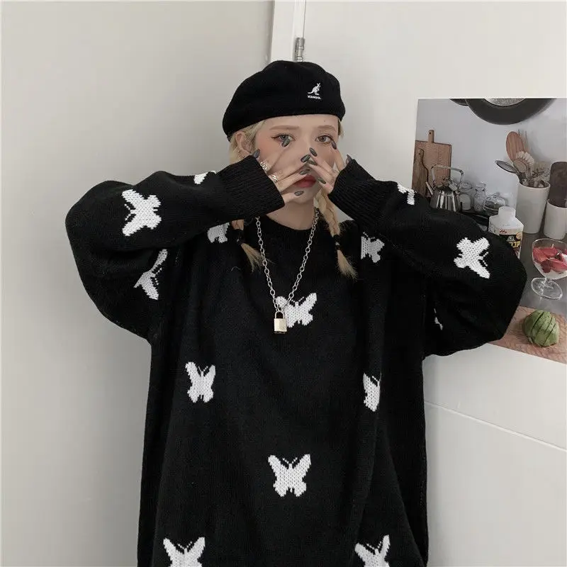 Gothic knitted top y2k streetwear Korean vintage casual butterfly print Oversized long-sleeved pullover autumn Harajuku punk Top cardigan for women