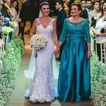 

Elegant Lake Blue Satin Mother of the Bride Dresses for Wedding with Half Sleeve Sexy Sheer Lace Long Women Evening Prom Dress