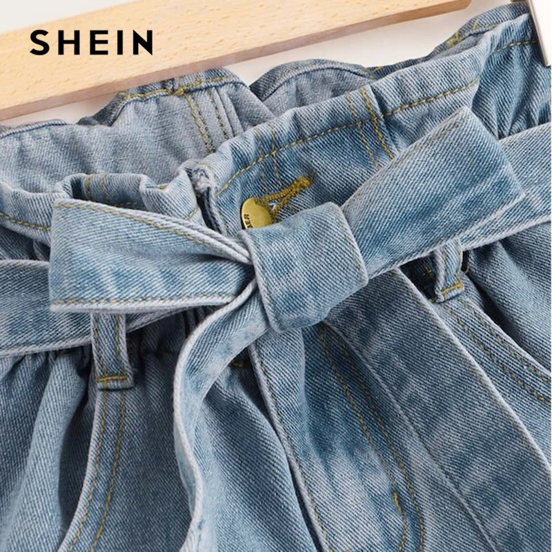 SHEIN плюс размер синяя бумажная лента-Мешок Талия рваные кромка джинсовые шорты женские летние кнопки летают с карманами и высокой посадкой повседневные шорты