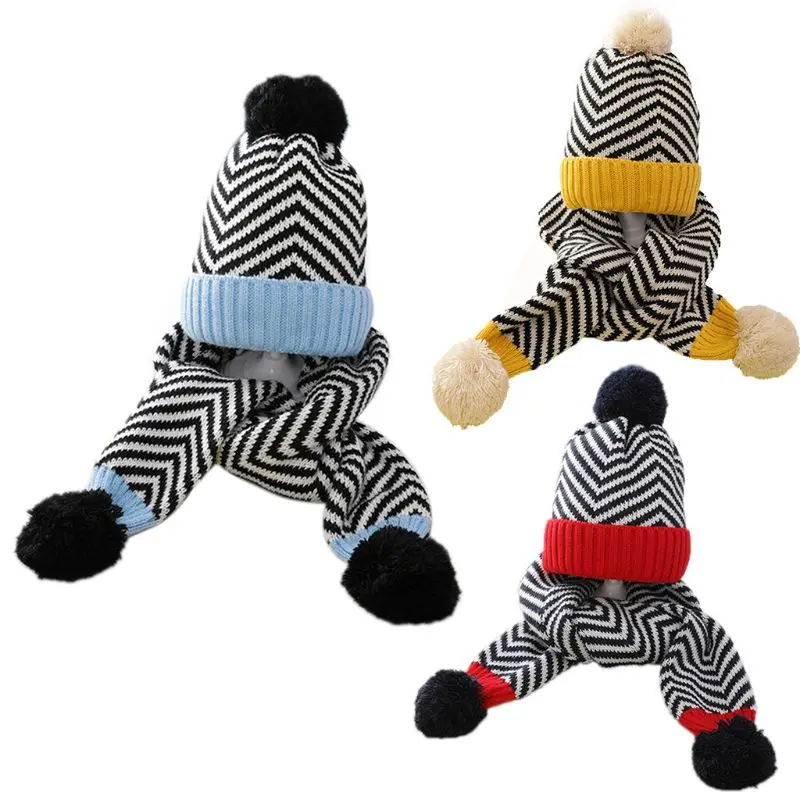 Детские вязаные крючком волнистые полосы с манжетами Милая Шапка-бини помпон длинный шарф набор