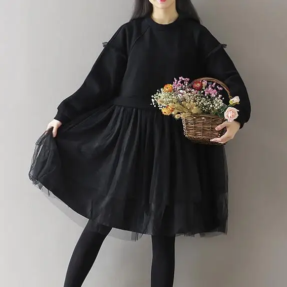 Mori girl robe Femme зимнее бархатное плотное платье-свитер с круглым вырезом и длинными рукавами, Сетчатое лоскутное теплое винтажное платье AF837