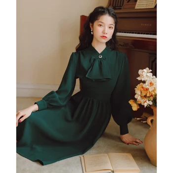 

French Style Women dress Vintage Bow Dresses Green TS012536