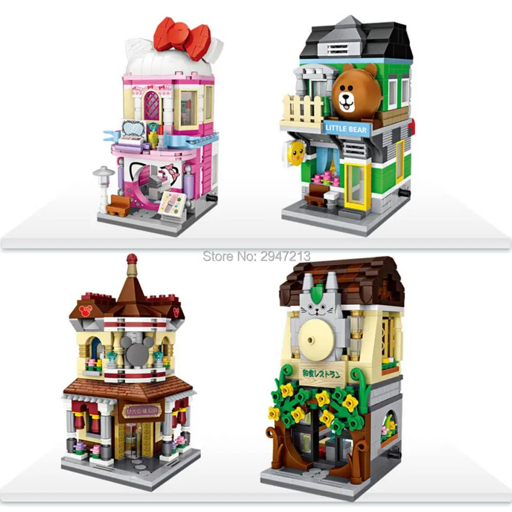 

hot LegoINGlys city Street view Cosmetics little bear shop Restaurant store mini micro diamond block model nano bricks toys gift