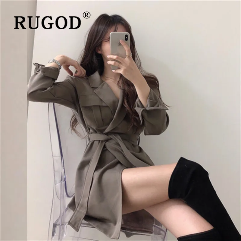 RUGOD, винтажное офисное женское мини платье, элегантное, с вырезом, простое, с длинным рукавом, платья для вечеринок, vestido, модное, однотонное, на шнуровке, платье