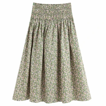 

2020 women bohemian floral print elastic high waist midi skirt faldas mujer ladies chic pleats mid calf skirts QUN565