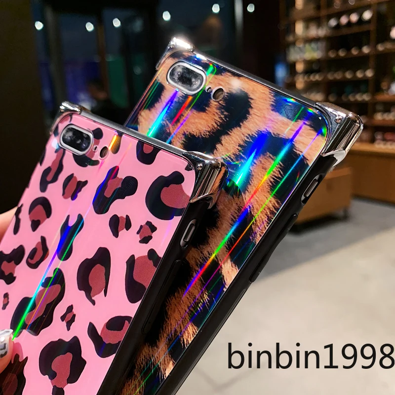 Квадратное закаленное стекло чехол для iphone X XS XR MAX для iphone 6 7 8 plus леопардовый узор Твердый Чехол