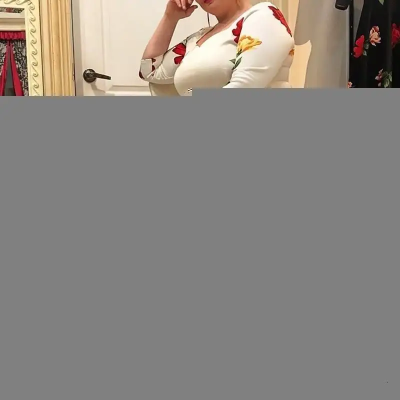 Платье размера плюс 5Xl, женское платье с цветочным принтом, 1/2, половинный рукав, v-образный вырез, сексуальное Белое платье миди, платье трапециевидной формы для женщин, для офиса, Vestidos