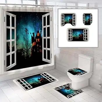 

Halloween Decor Haunted Waterproof Shower Curtain Bath Mat Set Non-Slip Quickly Dry Soft Toilet Lid Cover Floor Mat