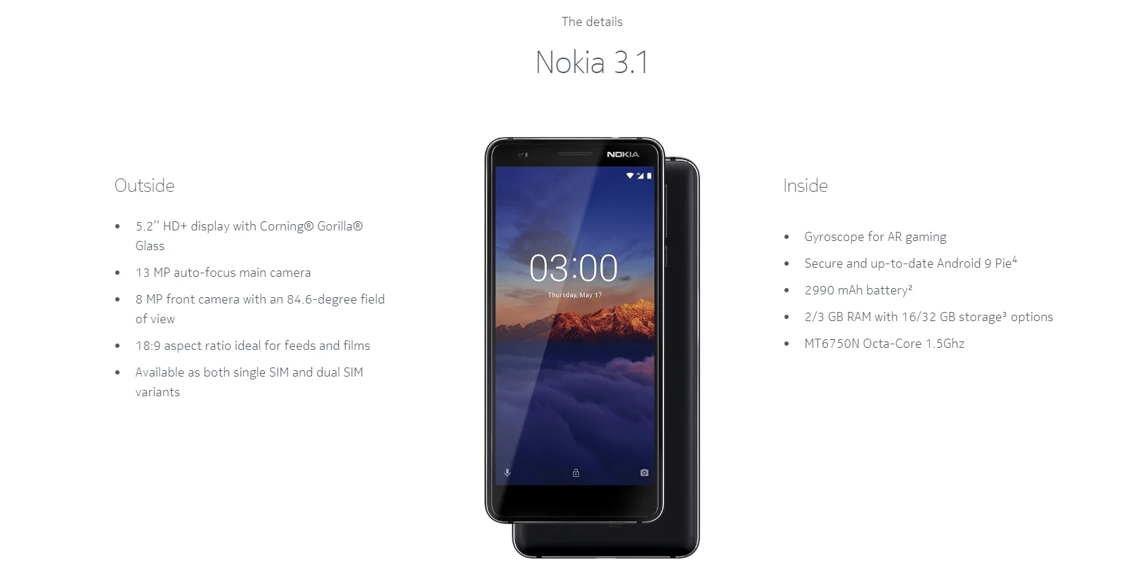 Глобальная версия Nokia 3,1 Смартфон Android 5,2 дюймов HD+ 3 ГБ 32 ГБ MT6750N Восьмиядерный 2990 мАч 4G LTE мобильный телефон