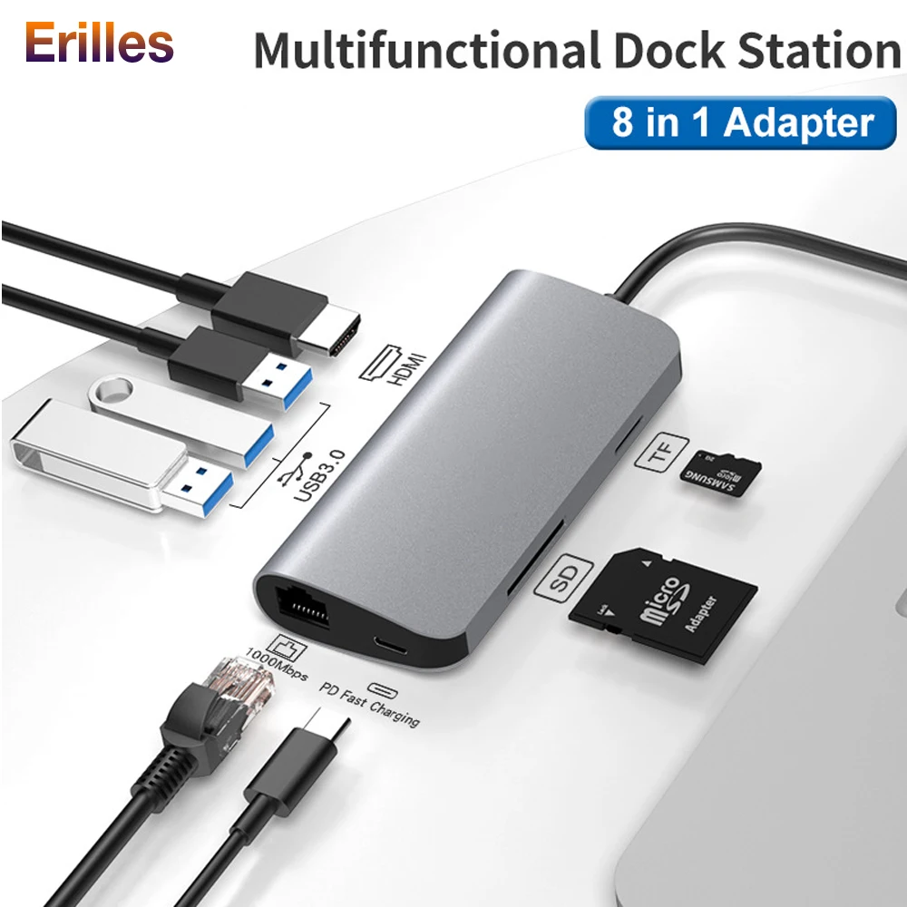 

8 in 1 PC USB Hub Type-C Hub To HDMI Adapter 4K Thunderbolt 3 USB C to Rj45 Gigabit Ethernet Multiport Adapter PD Fast Charging